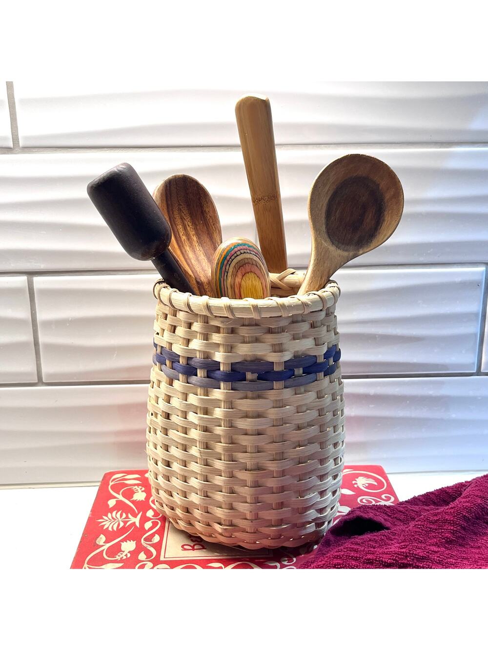 Handcrafted Woven Utensil Basket Light Tone Wood Slat and Blue Signed Guttormson